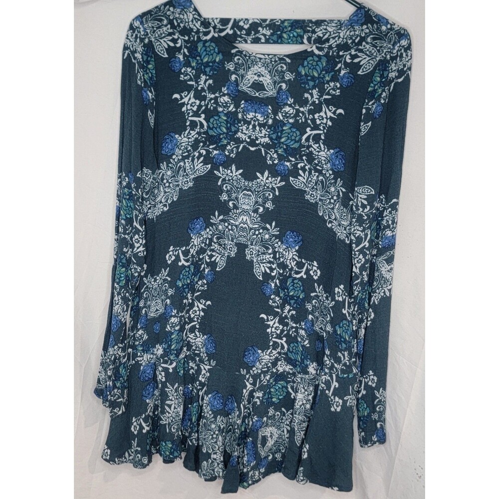 Free People Teal Blue White Small Tunic Dress Long Sleeve Floral Open Back